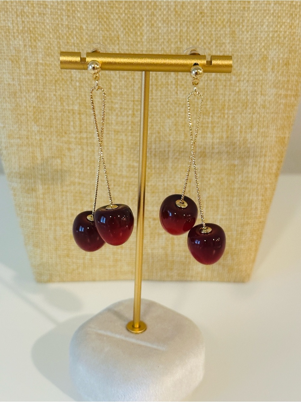 Gold-Chain Cherry Drop Earrings in Deep Red